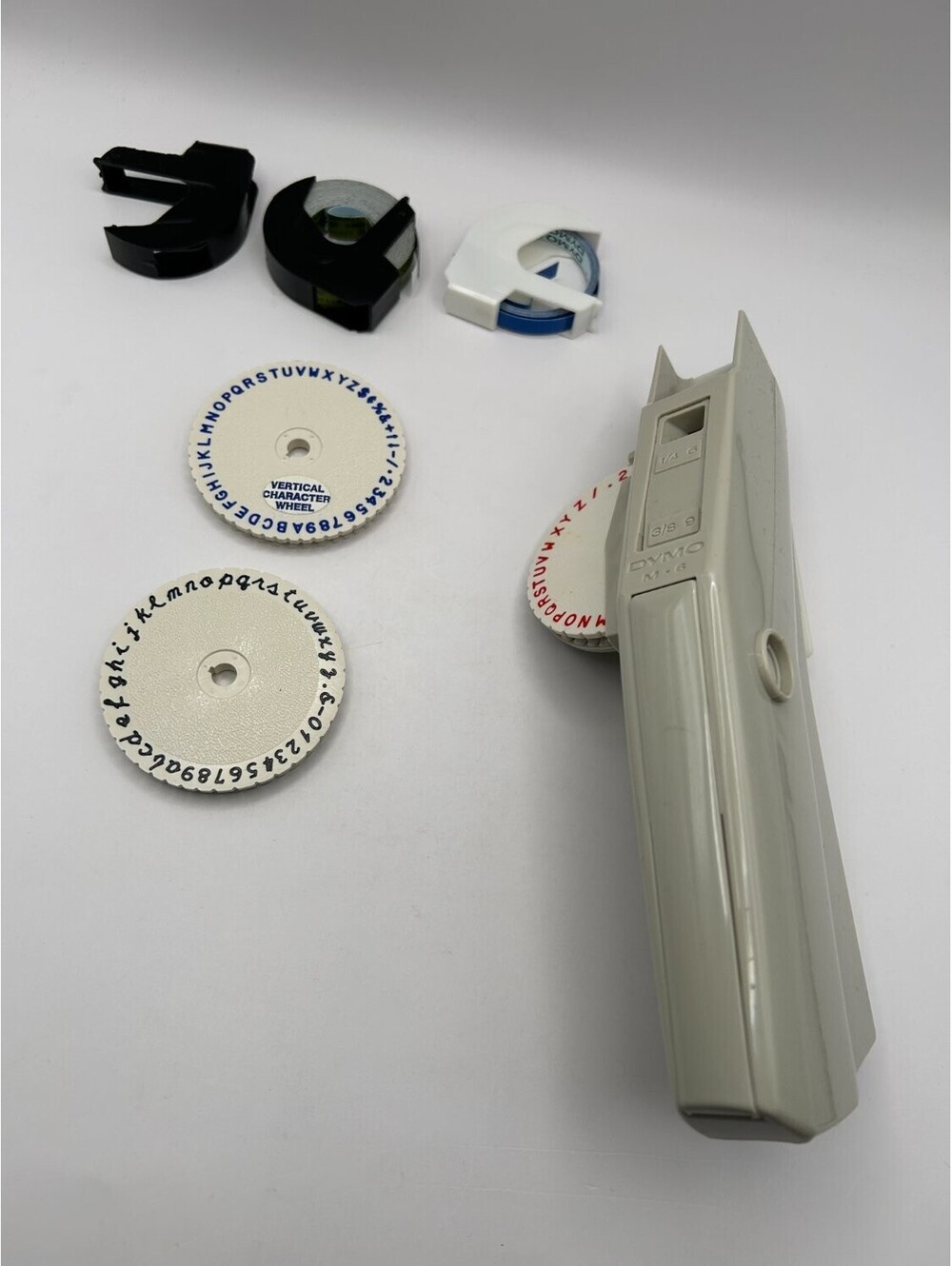 Vintage Dymo M-6 Mark VI Label Maker Embosser 3 Wheels Script Vertical Tape